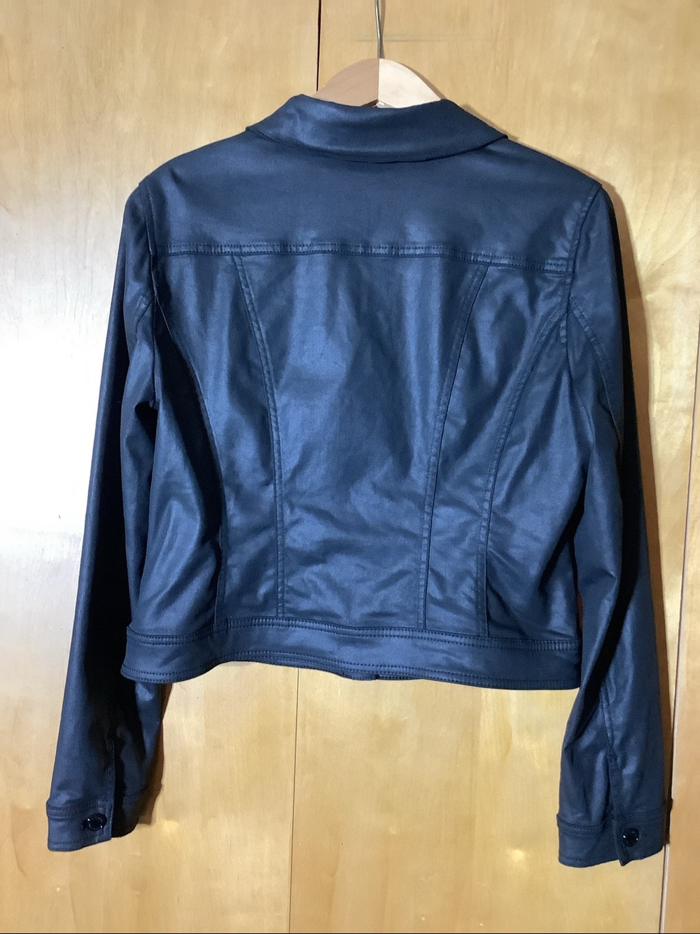 White House Black Market black waxed denim jacket, size 12 - Picture 3 of 4